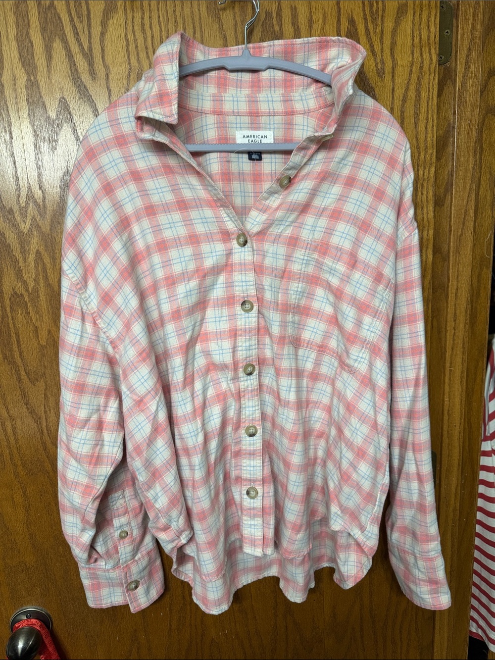 American Eagle Pink, Blue and Cream Plaid Button-Down Flannel